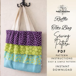 May include: A handmade tote bag with a ruffled design. The bag features three tiers of fabric in purple with white polka dots, lime green with floral patterns, and turquoise with a swirl design. The bag hangs from a black hook. The text on the image says "Ruffle Tote Bag Sewing Pattern".