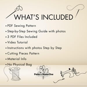Pu&ograve; includere: Grafica color crema con la scritta "COSA &Egrave; INCLUSO" e un elenco delle caratteristiche del modello di cucito digitale. Include modello di cucito PDF, guida passo passo, tutorial video e informazioni sui materiali. Presenta disegni al tratto di strumenti di cucito.
