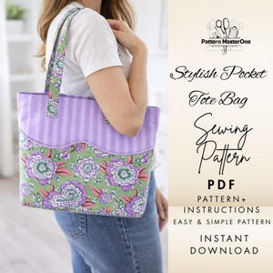 May include: A stylish tote bag with a floral print and striped accents. The bag features a green floral pattern on the bottom and a purple and white striped pattern on the top. The bag has a matching floral pattern on the handles. The text on the image says "Stylish Pocket Tote Bag Sewing Pattern PDF".