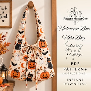 May include: A hobo bag featuring a cream-colored fabric with a repeating Halloween print of black cats, orange pumpkins, white ghosts, bats, and autumn leaves. The bag has a tied bow detail at the center front and a single shoulder strap.