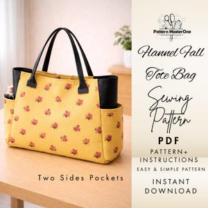 Flannel Fall Tote Bag Sewing Pattern PDF, Tote Bag with Side Pockets, Step by Step Instructions with Pictures, Instant Download