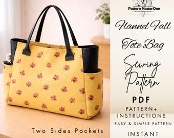 Flannel Fall Tote Bag Sewing Pattern PDF, Tote Bag with Side Pockets, Step by Step Instructions with Pictures, Instant Download