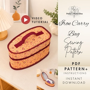 May include: An oval iron carry bag with a floral design in yellow and red. It features a burgundy handle and trim. The image includes text stating "Video Tutorial" and "Iron Carry Bag Sewing Pattern". The bag is designed for sewing.