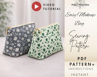 Easy Makeup Bag Sewing Pattern PDF, Zipper Pouch Tutorial, Beginner Friendly, Step by Step Instructions + Video, Instant Download