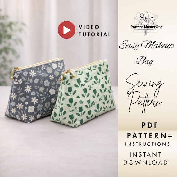 Easy Makeup Bag Sewing Pattern PDF, Zipper Pouch Tutorial, Beginner Friendly, Step by Step Instructions + Video, Instant Download