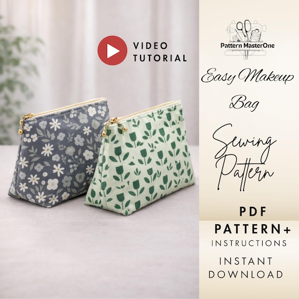 Easy Makeup Bag Sewing Pattern PDF, Zipper Pouch Tutorial, Beginner Friendly, Step by Step Instructions + Video, Instant Download