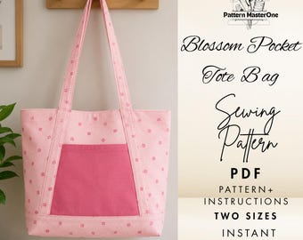 Blossom Pocket Tote Bag Sewing Pattern PDF, Step by Step Photos, Medium & Large Sizes, A4 Letter + A0 Pattern, Instant Download