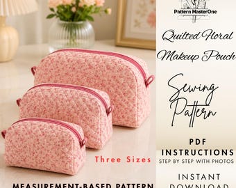 Quilted Floral Makeup Pouch Sewing Pattern PDF, DIY Cosmetic Bag Tutorial, Step by Step Instructions with Photos, Instant Download