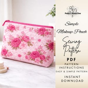 Modello di cucito per pochette per il trucco semplice in PDF, pochette per cosmetici trapuntata con cerniera, facile da usare anche per principianti, istruzioni passo passo, download immediato