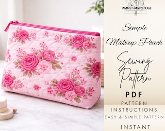 Simple Makeup Pouch Sewing Pattern PDF, Quilted Zipper Cosmetic Bag, Easy Beginner Friendly, Step by Step Instructions, Instant Download