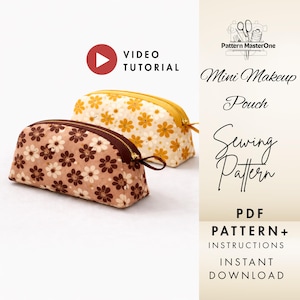 ミニメイクポーチの縫製パターンPDF、ジッパー付きコスメバッグ、キルティングコスメバッグ、ステップバイステップの説明とビデオチュートリアル、すぐにダウンロードできます