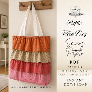 May include: A multi-layered ruffle tote bag with cream-colored straps hangs on a wooden wall hook. The bag features three tiers of fabric in orange, beige, and pink, each adorned with a floral pattern. Text on the right side reads "Ruffle Tote Bag Sewing Pattern PDF".