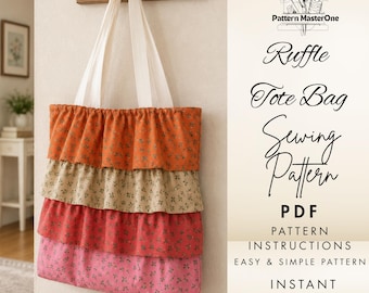 Patrón de costura para bolso tote con volantes (PDF), bolso tote de patchwork escalonado, instrucciones fotográficas paso a paso, bolso tote acolchado, patrón de bolso fácil para principiantes