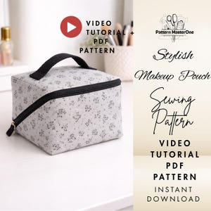 以下が含まれることがあります： 黒いジッパーとハンドルが付いた、グレーの花柄のメイクアップポーチ。画像には「Stylish Makeup Pouch Sewing Pattern Video Tutorial + PDF Pattern Instant Download」と書かれています。