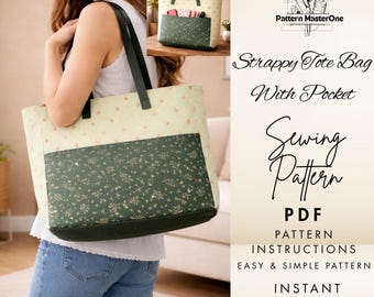 Strappy Tote Bag Sewing Pattern PDF, Large Tote with Front Pocket, Step by Step Photo Instructions, Easy Beginner Pattern, Instant Download