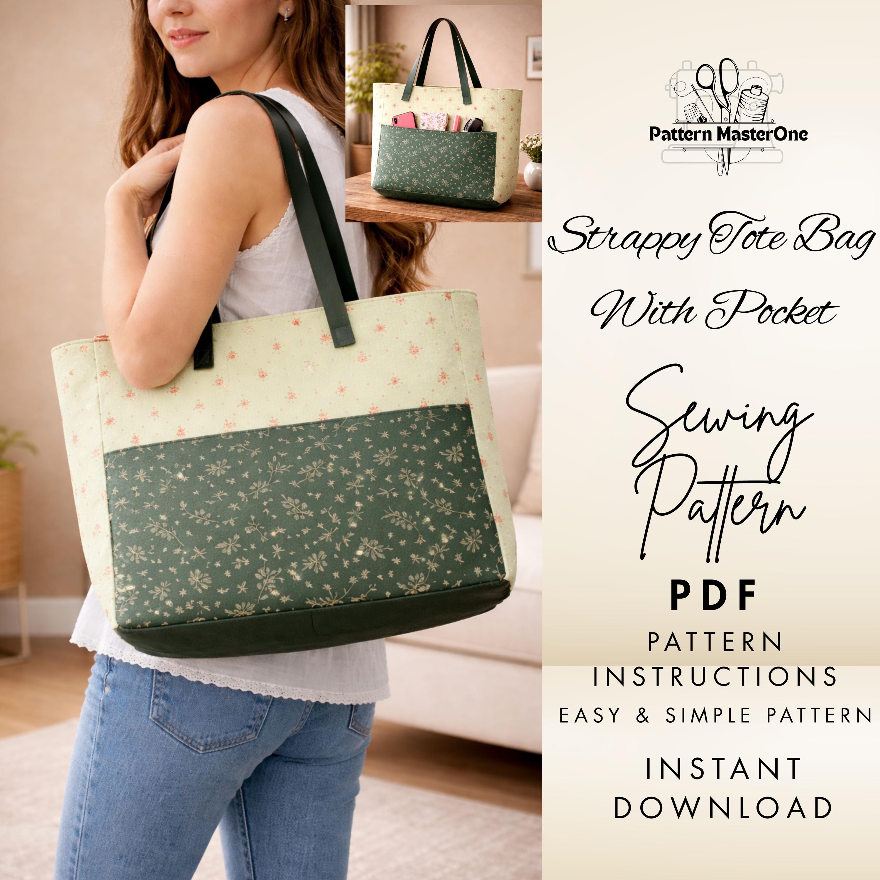 Strappy Tote Bag Sewing Pattern PDF, Large Tote With Front Pocket, Step ...