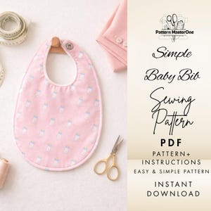 May include: A pink baby bib patterned with baby bottles, next to gold scissors, a pink cloth, and a measuring tape. The text on the right reads "Simple Baby Bib Sewing Pattern PDF".