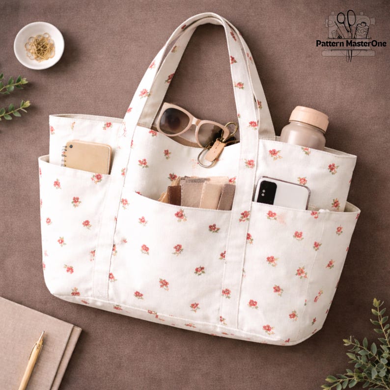 Pu&ograve; includere: Una borsa tote bianca con un motivo floreale di piccole rose rosse. La borsa ha pi&ugrave; tasche e contiene oggetti come occhiali da sole, un telefono e un taccuino. La borsa ha due manici.