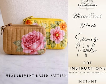 Bloom Card Pouch Sewing Pattern PDF, Quilted Zipper Card Purse Tutorial, Step by Step Photo Instructions, Instant Download
