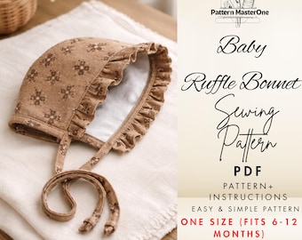 Baby Ruffle Bonnet Sewing Pattern PDF, DIY Baby Hat, Step-by-Step Tutorial, Printable Pattern, 6-12 Months, Instant Download