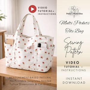 Puede incluir: Un bolso tote blanco con estampado floral rojo, con múltiples bolsillos. La bolsa está sobre una mesa de madera. El texto en la imagen dice "Multi Pockets Tote Bag Sewing Pattern" y "Video Tutorial + Instructions".