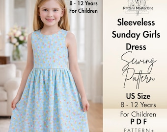 Sleeveless Sunday Girls Dress Sewing Pattern PDF, Kids Dress Tutorial, US Size 8–12, Easy DIY Summer Dress for Children, Instant Download