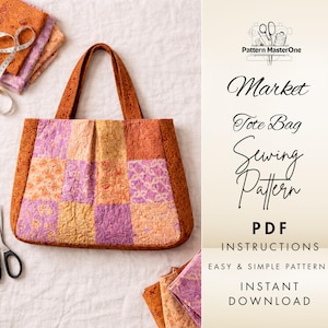Puede incluir: Un bolso tote de patchwork con asa y ribete marrón. La bolsa presenta cuadrados de tela naranja, amarilla y morada. El texto de la imagen dice "Market Tote Bag Sewing Pattern PDF Instructions Easy & Simple Pattern Instant Download."