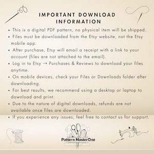 May include: Cream-colored graphic with the text "IMPORTANT DOWNLOAD INFORMATION" and bullet points detailing digital PDF pattern download instructions. Includes illustrations of sewing tools and the Pattern MasterOne logo.