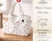 Multi Pockets Tote Bag Sewing Pattern PDF, Canvas shopper bag, Step by Step Instructions with Photos, Video Tutorial, Instant Download