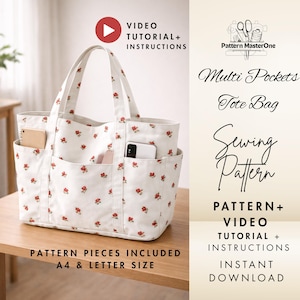 Multi Pockets Tote Bag Sewing Pattern PDF, Canvas shopper bag, Step by Step Instructions with Photos, Video Tutorial, Instant Download