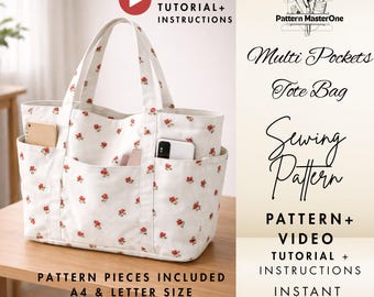 Multi Pockets Tote Bag Sewing Pattern PDF, Canvas shopper bag, Step by Step Instructions with Photos, Video Tutorial, Instant Download