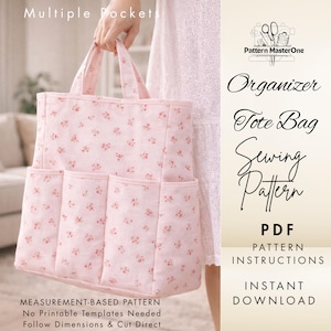 Puede incluir: Se muestra un bolso tote rosa floral con múltiples bolsillos. La bolsa tiene un estampado floral y el texto "Multiple Pockets" es visible. La imagen también incluye el texto "Organizer Tote Bag Sewing Pattern PDF Pattern Instructions Instant Download".