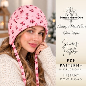 May include: A pink earflap hat featuring a small red and dark pink floral pattern. The text on the right reads Pattern MasterOne Snowy Petal Ear Flap Hat Sewing Pattern PDF PATTERN+ INSTRUCTIONS INSTANT DOWNLOAD.