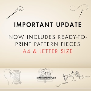 Pu&ograve; includere: Immagine con il testo "IMPORTANT UPDATE" e "NOW INCLUDES READY-TO-PRINT PATTERN PIECES A4 & LETTER SIZE". L'immagine presenta disegni a tratto di strumenti di cucito, tra cui aghi, filo, forbici e una macchina da cucire.