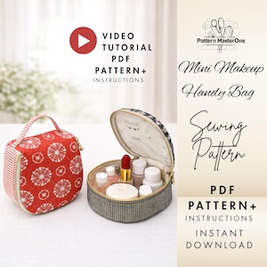 Puede incluir: Se muestran dos neceseres de maquillaje: uno rojo con un estampado blanco y un asa, el otro a rayas blancas y negras, abierto para revelar cosméticos. La imagen incluye texto: "Video Tutorial PDF Pattern + Instructions" y "Mini Makeup Handy Bag Sewing Pattern".