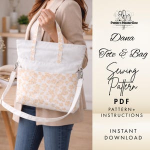 Könnte beinhalten: Eine weiße Tragetasche mit einem floralen Muster auf der Vordertasche und den Griffen. Die Tasche hat einen abnehmbaren weißen Schultergurt. Der Text auf dem Bild lautet "Dana Tote & Bag Sewing Pattern PDF".