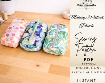 Makeup Pillbox Pouch Sewing Pattern PDF, Zipper Box Cosmetic Bag, Friendly Pattern,  Easy Step-by-Step Instructions, Instant Download