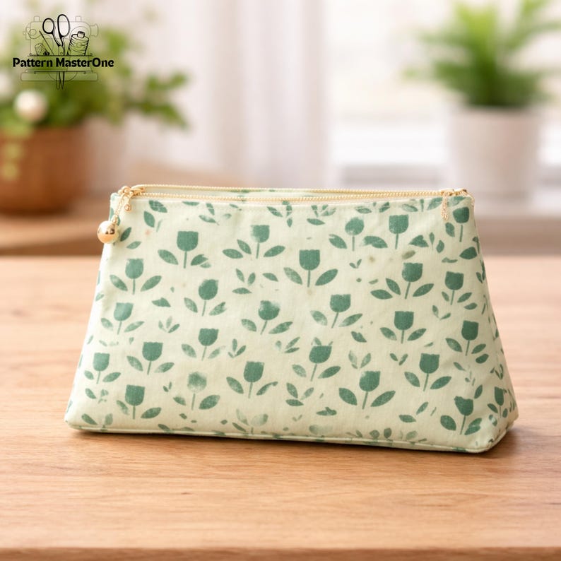 K&ouml;nnte beinhalten: Eine hellgr&uuml;ne Kosmetiktasche mit einem sich wiederholenden Muster aus gr&uuml;nen tulpenartigen Formen und Bl&auml;ttern. Die Tasche hat einen goldenen Rei&szlig;verschluss und einen kleinen goldenen Anh&auml;nger. Auf der Tasche steht "Pattern MasterOne".