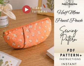 Half Moon Pencil Pouch Sewing Pattern PDF, Zipper Pouch Tutorial, Step by Step Photos + Video Tutorial, DIY Bag Pattern, Instant Download