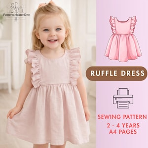 May include: A young child wearing a light pink ruffle dress. The dress has ruffled sleeves and a full skirt. The image also shows a sewing pattern illustration of the dress, with the text "RUFFLE DRESS" and "SEWING PATTERN 2-4 YEARS A4 PAGES".