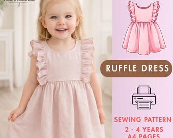 Ruffle Dress Sewing Pattern PDF for Toddlers 2–4 Years, Girls Flounce Dress Pattern, Easy Kids Dress Pattern, Sewing Pattern, Digital A4