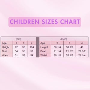 May include: A children's sizes chart with measurements in inches and centimeters. The chart includes age, height, bust, and waist measurements for sizes 2, 3, and 4. The text "CHILDREN SIZES CHART" is at the top.