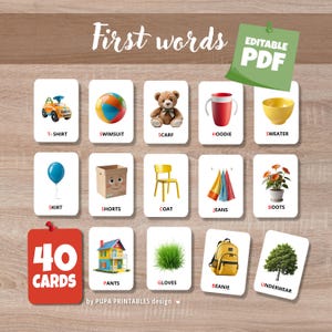 Schede didattiche per le prime parole, 40 schede di nomenclatura Montessori, materiali didattici prescolastici modificabili, attività stampabili per bambini piccoli, download in PDF.