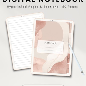 Peut inclure: Conception de carnet numérique avec une esthétique minimaliste. L'image présente deux tablettes, l'une ouverte sur des pages lignées et l'autre affichant un design abstrait et doux. Le texte comprend "DIGITAL NOTEBOOK" et "DOWNLOAD NOW".