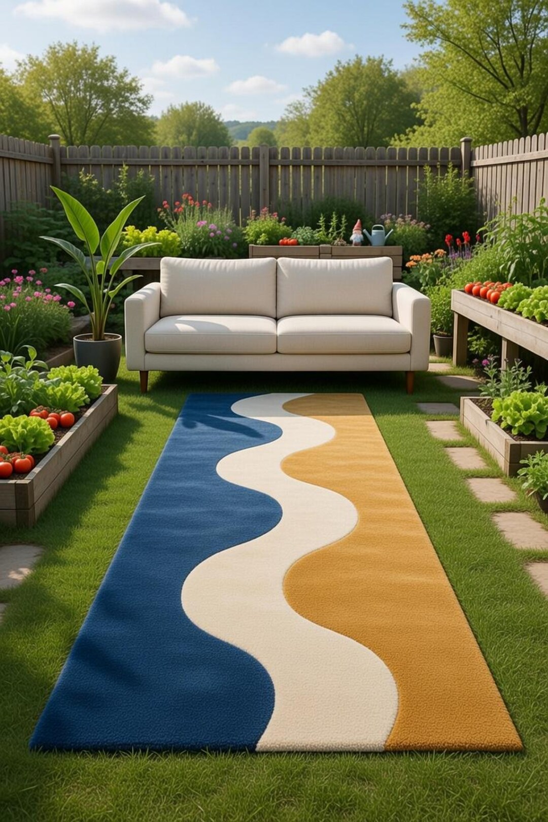 Handmade Modern Wave Rug – Blue Mustard Abstract Carpet, Outdoor Patio ...