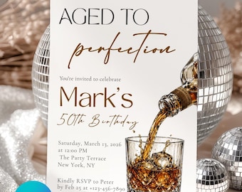 Invitación de cumpleaños Aged To Perfection, invitación para celebrar el 50 aniversario de un hombre con whisky, editable en Canva.