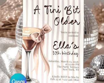 Invitación "Un poco mayor", invitación de cumpleaños número 30, invitación de cumpleaños con temática de espresso martini, invitación para fiesta de martini, plantilla editable de Canva.