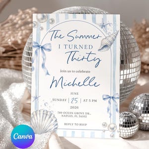 Plantilla de invitación de verano "Cumplí treinta", invitación de cumpleaños número 30 con temática costera, invitación de cumpleaños en la playa en Canva.