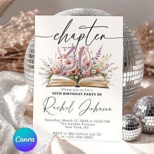 Chapter 30 Birthday Invitation Template, Book Themed Wildflower Canva Invite, Editable Printable