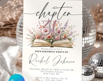 Chapter 30 Birthday Invitation Template, Book Themed Wildflower Canva Invite, Editable Printable